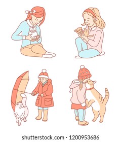 Girl and cat. Vector illustration.