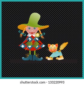 Girl and cat, vector illustration.