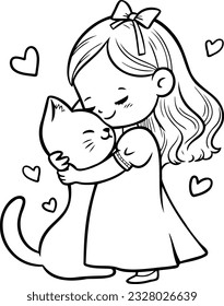 Girl with cat vector illustration. Black and white outline Girl with cat coloring book or page for children