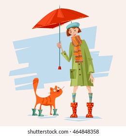 A girl and a cat wearing rain boots and caring an umbrella. Rainy day. Vector illustration