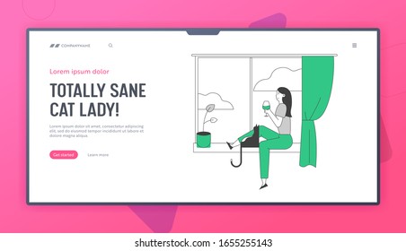 Girl with Cat Website Landing Page. Young Woman Sitting on Windowsill with Pet Drinking Wine Looking through Window. Weekend Home Relaxation Web Page Banner. Cartoon Flat Vector Illustration Linear