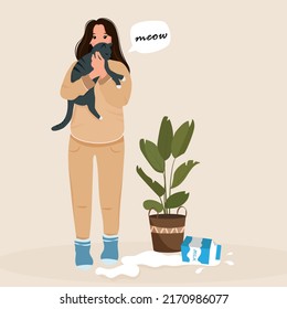a girl with a cat who loves milk