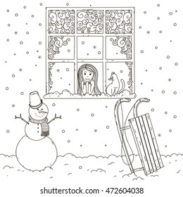 Girl with a cat in the window looking at the snow. Vector illustration. Doodle