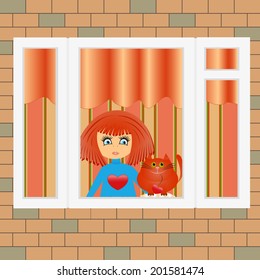 Girl and cat in the window, vector, eps 10