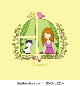 girl and cat at the window. Vector illustration. Spring day. Lovely birdies.