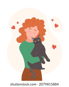 Girl and cat. Woman hugs kitten with love. Caring hostess, animal protector. Character loves her pet. Comfort, coziness. Household chores, routine, housewife. Cartoon flat vector illustration