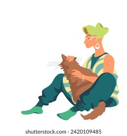 a girl with a cat. a woman is sitting with a cat in her arms. vector illustration