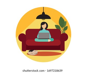 Girl and cat working on a laptop while sitting at home on the couch (sofa). Vector illustration. Icon.
