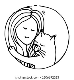 Girl with cat. World Animal Day. Love animals. Hand drawn vector illustration