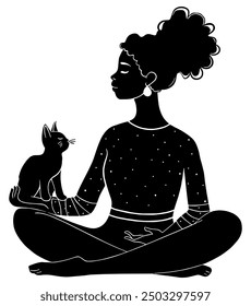 Girl with Cat Yoga Silhouette, Relaxation and Wellness Theme - Flat Vector Illustration