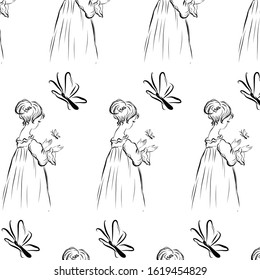 Girl catches butterfly. Lady in vintage style from the nineteenth century. Coloring page. 