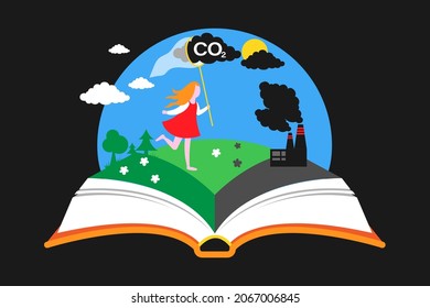 Girl Catches Clouds Of Polluted Air With A Butterfly Net. Carbon Dioxide Capture Technology.  Vector Illustration