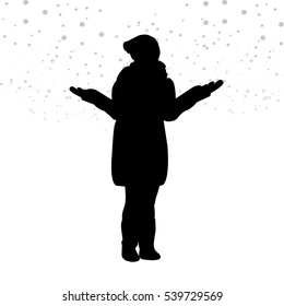 The girl catches snowflakes. First snow. The winter vacation. Vector silhouette.