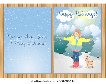 The girl catches snowflakes in her mouth on a background of the forest with a dog. Vector illustration.