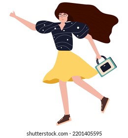 The girl catches a taxi. The figure of a woman in a skirt and a jacket with a handbag stretches out her hand to stop the car