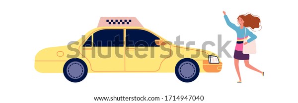 Girl\
catches taxi. Happy cartoon female with bag stops yellow auto.\
Isolated cartoon woman and car vector\
illustration