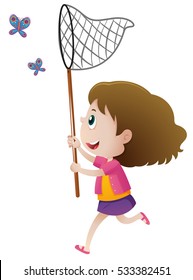 Girl catching butterflies with net illustration