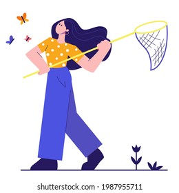 Girl catching butterflies with net. Vector flat illustration isolated on white background.