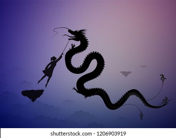 girl catching the fairy dragon and holding it on the thread, scene from the fairytale in the dreamland,  vector,