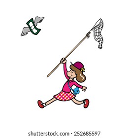 Girl catching flying banknote by net cartoon vector