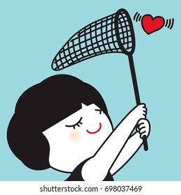 Girl Catching Love Heart Sign With Net Concept Card Character illustration