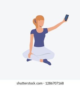 Girl catching mobile signal in lotus position. Girl, sport, good shape. Can be used for topics like fitness, active lifestyle, health