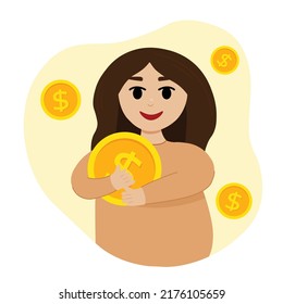 Girl catching nft coin in hands and hugging. Woman with nft illustration concept.