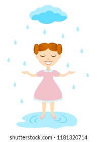 Girl catching rain drops, vector illustration of happy child under rain