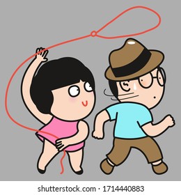 Girl Catching Scared Running Away Boyfriend With Rope. Couple Married Life Concept Card Character illustration