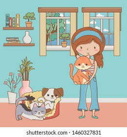 Girl with cats and dog cartoon design