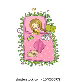 Girl, cats and dog sleep in bed. Good night. Sweet dreams. Vector illustration. bed time. Isolated objects on white background. 