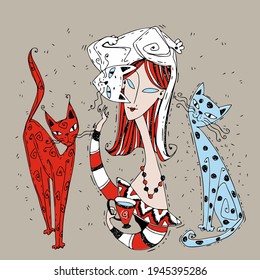 A girl with cats drinks coffee. Coffee time. Art Nouveau style. Modigliani art. Vector.