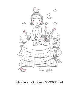 Girl and cats .Good night. Sweet dreams. Vector illustration. bed time. Isolated objects on white background. Coloring book