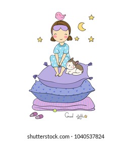 Girl and cats. Good night. Sweet dreams. Vector illustration. bed time. Isolated objects on white background. bed linen. Princess on the Pea. Lovely pet. Best friends.