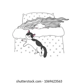 Girl and cats. Good night. Sweet dreams. Vector illustration. bed time. Isolated objects on white background. bed linen. Illustration for pajamas
