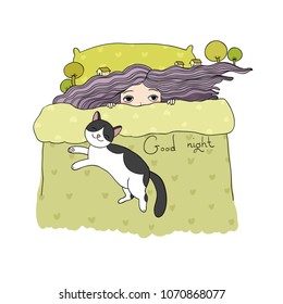 Girl and cats. Good night. Sweet dreams. Vector illustration. bed time. Isolated objects on white background. bed linen. Illustration for pajamas