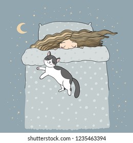Girl and cats. Good night. Sweet dreams. Vector illustration. bed time. bed linen. Illustration for pajamas