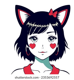 Girl with a cat's head and heart shaped ears on her head, wearing a red shirt, anime style, an anime drawing, pop art. Cartoon avatar.