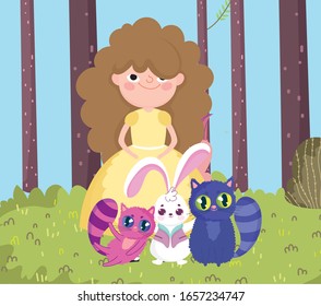 girl with cats and rabbit trees grass in wonderland vector illustration