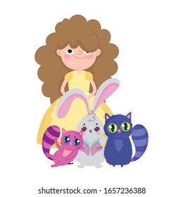 girl with cats and rabbit wonderland cartoon characters vector illustration