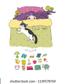 Girl and cats. Set for sleep. Vector illustration. bed time. Isolated objects on white background. bed linen. Illustration for pajamas 