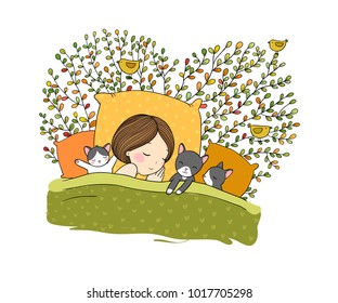 Girl and cats sleep in bed. Good night. Sweet dreams. Vector illustration. bed time. Isolated objects on white background. Birds on branches with leaves.