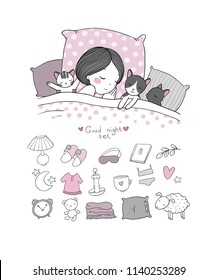 Girl and cats sleep in bed. Good night. Sweet dreams. Vector illustration. bed time. Set for sleep