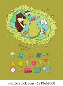 Girl, cats and sleep in bed. Good night. Sweet dreams. Vector illustration. bed time. Set for sleep