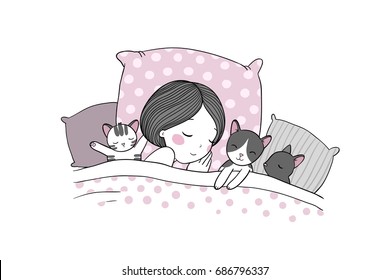 Girl and cats sleep in bed.Good night. Sweet dreams. Vector illustration. bed time. Isolated objects on white background. 