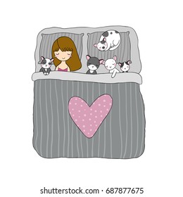 Girl and cats sleep in bed.Good night. Sweet dreams. Vector illustration. bed time. Isolated objects on white background. 