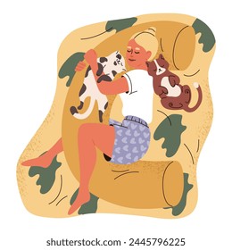 Girl and cats sleeping together. Young woman asleep on orthopedic pillow and cuddling her cats. Lifestyle of cat owner, pet therapy, animals for emotional support. Vector flat illustration.