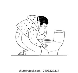 Niña causante de vómitos, vectores bulimia ilustración en blanco y negro. 