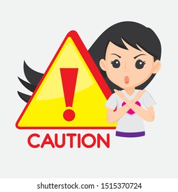 Girl with a caution signage on white background. warning symbol