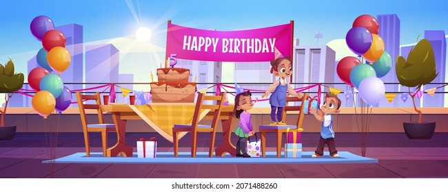 Girl celebrate birthday with friends at house rooftop with balloons, festive decoration, cake with candles and garlands. Little children celebrating party on roof outdoors, Cartoon vector illustration